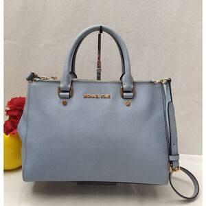 Michael Kors Blue Crossgrain Leather Carryall Double Handle Zipper Satchel Bag